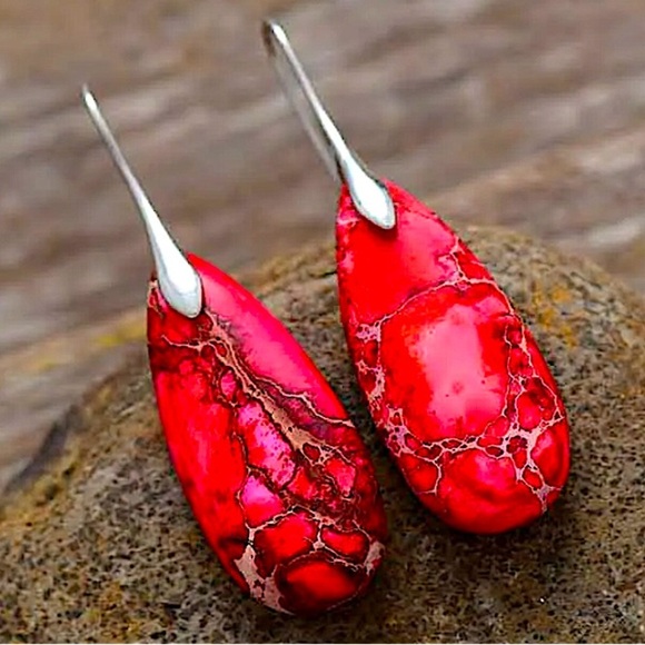Handcrafted Imperial Red Natural Stone Earrings Silver - Picture 1 of 2